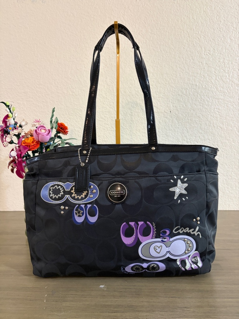 COACH POPPY APPLIQUE DIAPER BABY BAG MULTIFUNCTION TOTE BLACK F17590 RARE